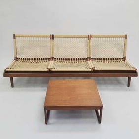 Hans Olsen for Bramin Denmark "TV161" modular bench/ sofa incl 3 removable woven low chairs on