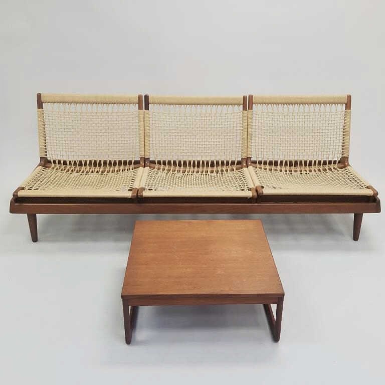 Hans Olsen for Bramin Denmark "TV161" modular bench/ sofa incl 3 removable woven low chairs on: Hans Olsen for Bramin Denmark "TV161" modular bench/ sofa incl 3 removable woven low chairs on slatted bench and a square side table- sofa- 27 1/2"H 76"L 26 1/2"D; table- 9 3/4"H 24 3/4"W 24 1/4"D