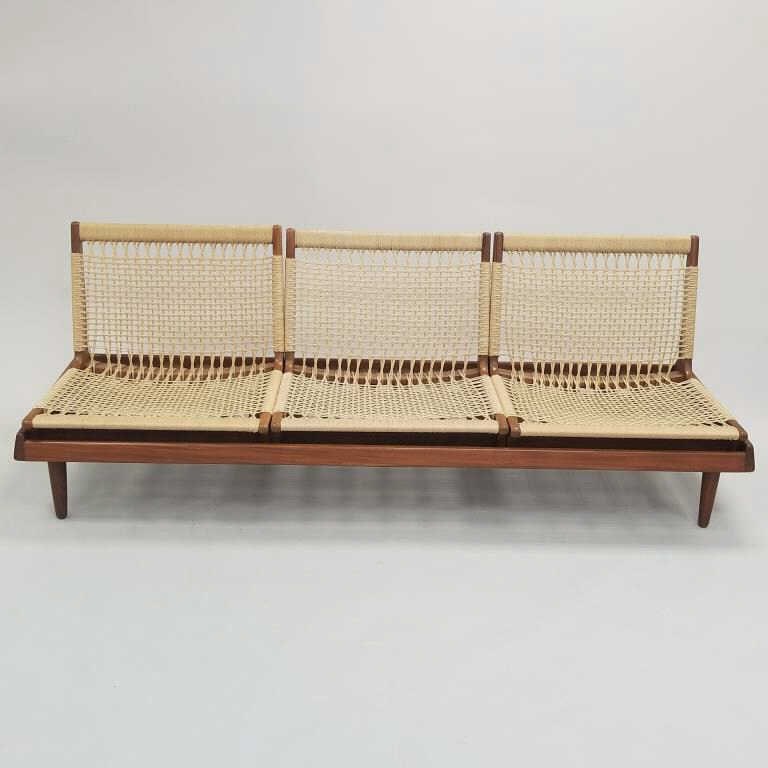 Hans Olsen for Bramin Denmark "TV161" modular bench/ sofa incl 3 removable woven low chairs on: Hans Olsen for Bramin Denmark "TV161" modular bench/ sofa incl 3 removable woven low chairs on slatted bench- 27 1/2"H 76"L 26 1/2"D; table- 9 3/4"H 24 3/4"W 24 1/4"D