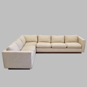 Mid-century Classic Gallery label upholstered sectional sofa on plinth wooden base 25"H 80"D 113