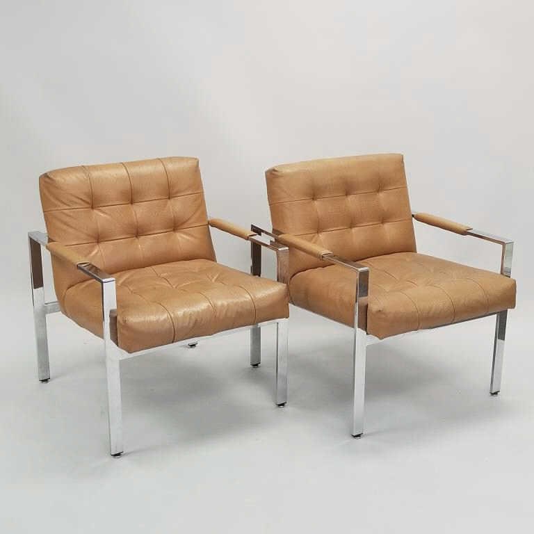 Pair Thayer Coggin mid-century upholstered & chrome armchairs- 30"H 25"W 25"D: Pair Thayer Coggin mid-century upholstered & chrome armchairs- 30"H 25"W 25"D