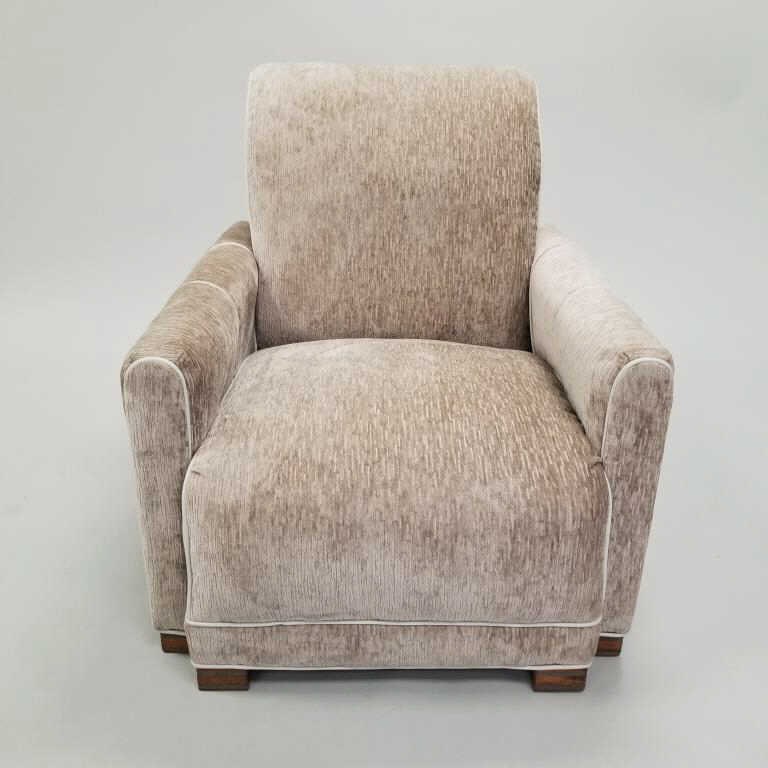 Art Deco Gilbert Rohde style chair- newly upholstered- 32"H 30"W 35"D: Art Deco Gilbert Rohde style chair- newly upholstered- 32"H 30"W 35"D