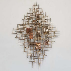 Silas signed brutalist mixed metal wall sculpture- 34"H 52"W