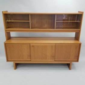 Mid-century teak 2-piece hutch with sliding glass doors (some as seen- chip to back leg, missing