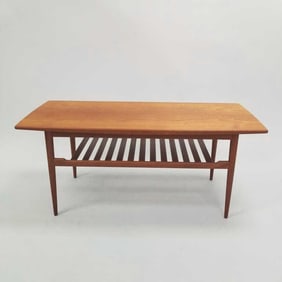 MCM Danish ? teak coffee table w/ slatted lower shelf- in the manner of Grete Jalk- labeled KT53