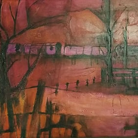 Mid-century oil painting on panel signed Mammel '66- trees with fence- 28 1/2"H 40 1/2" OD framed