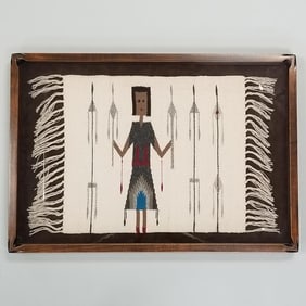 Navajo small woven Yei in shadow box frame- 14" x 21" rug only; 18"H 26 1/4"W framed O.D.