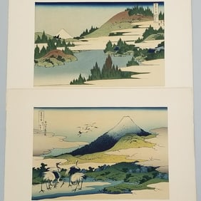 2 vintage Hokusai woodblock prints incl The Lake at Hakone... with publishers stamp on reverse