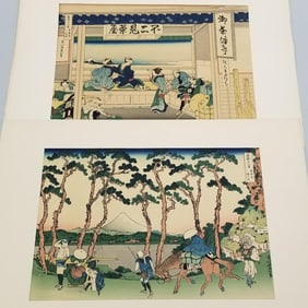 2 vintage Hokusai woodblock prints incl Yoshida on the Tokaido with publishers stamp on reverse