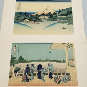 2 vintage Hokusai woodblock prints incl from Series of 36 Views of Mount Fuji with publishers stamp
