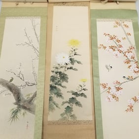 3 vintage hand painted Japanese Kakemono scrolls: Chrysanthemum, birds- largest (some as seen-