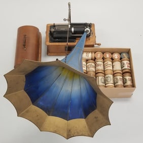 Edison cylinder phonograph with large & small horn & group of cylinder records- working condition
