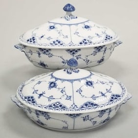 2 Royal Copenhagen Blue Fluted Half Lace oval covered casseroles- 10 3/4"L & 9 1/2"L
