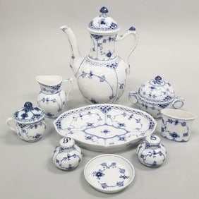 9 pcs Royal Copenhagen porcelain incl Blue Fluted Half Lace: coffee pot 9 1/2"H, cream & sugar, etc.