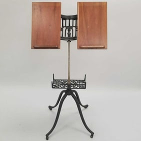 Antique cast metal & wood adjustable encyclopedia stand- 44"H 21"W