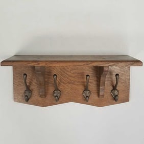 Quartersawn oak wall shelf with 4 cast iron hooks- 9"H 20"W 8 1/4"D