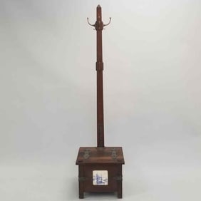 Unique mission oak coat tree with Delft tile & strap hinges on lift-top lid- 72 1/2"H 18"W 17 1/2"D