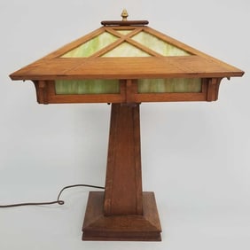 Mission oak table lamp with slag glass shade: 24"H 18"W 18"D