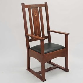 Contemporary Stickley Harvey Ellis designed mission oak arm chair with shoe foot- 46 1/2"H 23"W 21"D