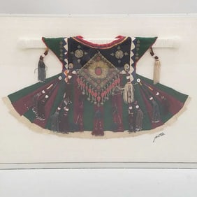 Turkman dress by Kiatta in shadow box frame- 28"H 40"W 3"D