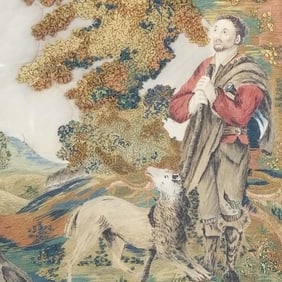 Antique needlework picture w/ hand painted details (some as seen- losses to image; frame as is) 15