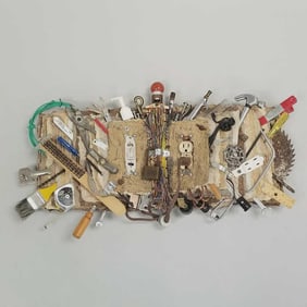 Colleen Barry unique assembled artwork with tools, wires, etc.- 15"H 27"W 5"D