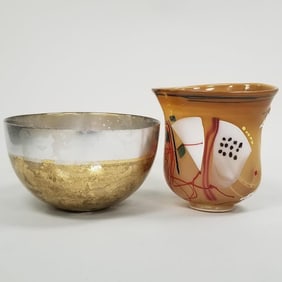 Artist signed Krantz art glass vase- 8"H 8"W 6 3/8"D & unsigned gold & silver bowl- 5 3/4"H 9 7/8"D