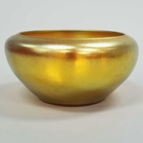 Steuben gold aurene signed rolled rim art glass bowl- 4"H 8"D