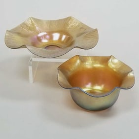 2 Steuben Aurene Haviland fluted art glass pieces: bowl- 2 7/16"H 5"D & shallow bowl- 1 1/2"H 6