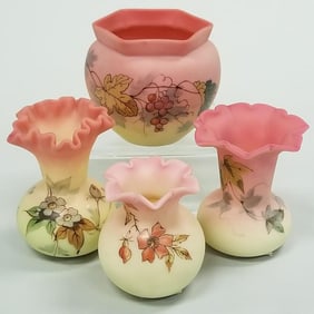 4 Webb Burmese uranium glass decorated vases- 3 1/2"H tallest