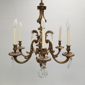 Ornate bronze 6 light chandelier with prisms- 29"H (not including hanging chain & cup) 25"D