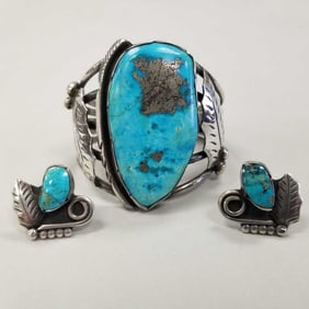 2 pcs. signed Platero sterling silver & turquoise jewelry: cuff bracelet 2 1/4" widest, 2 1/8"