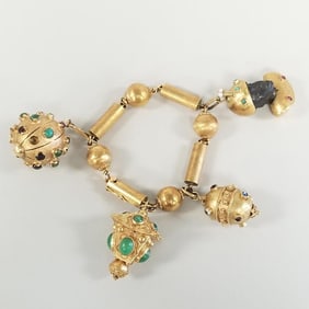 Vintage 18K Italian gold Etruscan style charm bracelet s/w turquoise, etc- 81.5g, 7 1/2"L (turban