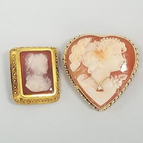 2 antique & vintage cameos- 1 in 14K mount - (smaller pin as is clasp)
