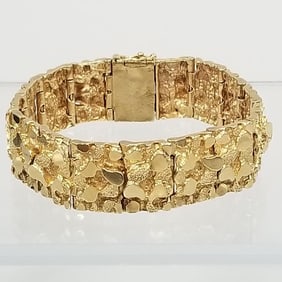 14K gold nugget motif bracelet - 77.6 grams - 7 1/2" x 3/4"