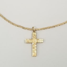 14K gold nugget style cross pendant on 14K chain 18.6 grams - 22" chain - 1" cross