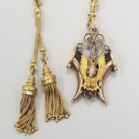 Victorian gold filled watch chain with bear claw fob & tassel