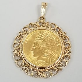 $10 gold Indian Head golden eagle coin pendant in 14K gold bezel on 14K gold chain - 43.4 grams