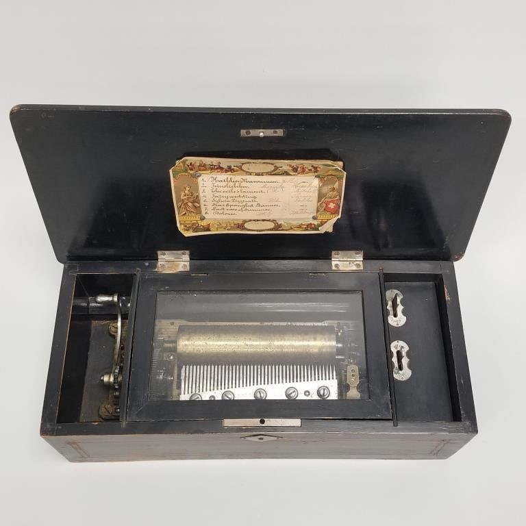 Antique Swiss 8-tune cylinder music box- working- 5"H 15 1/2"W 7 1/4"D (1 of 14)