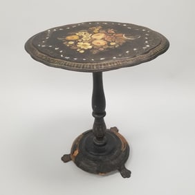 Victorian tilt top table w/ mother of pearl inlaid papier-mache top (as seen- needs restoration)