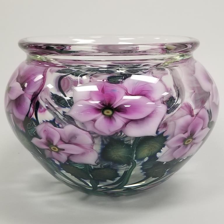 Daniel Lotton signed & dated 2005 art glass large bowl with flowers- 7 1/4"H 10"D: Daniel Lotton signed & dated 2005 art glass large bowl with flowers- 7 1/4"H 10"D