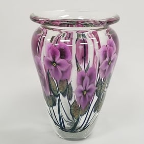 Impressive Daniel Lotton signed & dated 2005 art glass vase with flowers- 12 1/4"H 8 1/4"D