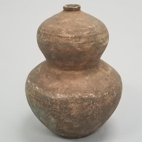 Antique Meso-American type double gourd pottery vessel with polychrome decoration (as seen- cracks,