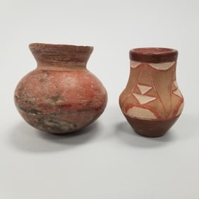 2 Native American, etc. pots: antique redware pottery with circle design & signed L. Atencio, N.M.-