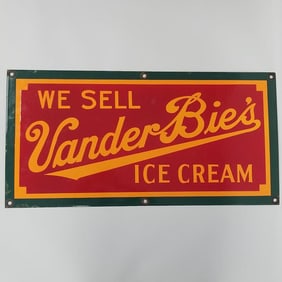 Antique Vander Bies porcelain single sided advertising sign (some minor touch up) 15"H 30"W