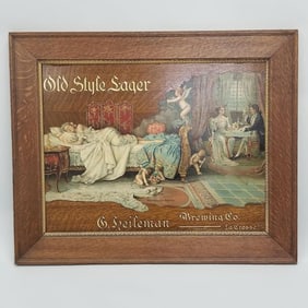 Old Style Lager Beer Meyercord advertising sign- G. Heileman Brewing in quarter-sawn frame- 26 7/8"H