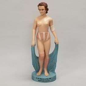 C.W. White & Co. Trusses/ Hosiery advertising plaster woman display figure- 31 1/2"H