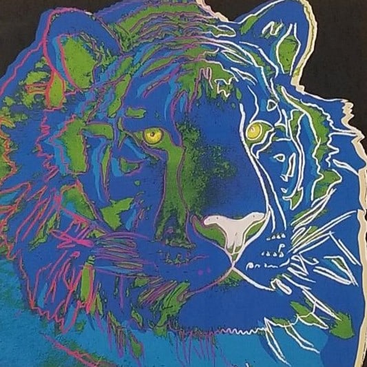 Andy Warhol "Siberian Tiger" blue serigraph- limited edition- 1000- publisher ART 18/87- Basel-: Andy Warhol "Siberian Tiger" blue serigraph- limited edition- 1000- publisher ART 18/87- Basel- 1987- with COA- 17 5/8"H 17 5/8"O.D.; 8" x 8" sight