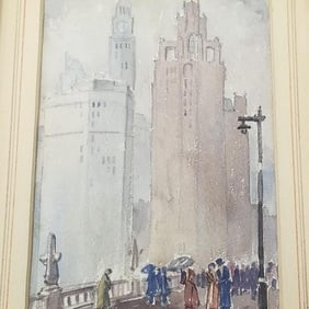(Charles) St. Pierre signed watercolor "Chicago Tribune Bldg" pencil on reverse (wear to frame) 17