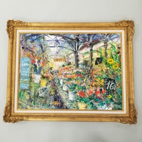 D (Duane) Alt signed oil painting on canvas "Antibes Flower Market" 39"H 48"W framed O.D.